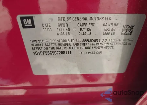 2012 Chevrolet Cruze 1Lt из США, поврежденный, VIN 1G1PF5SC9C7208111